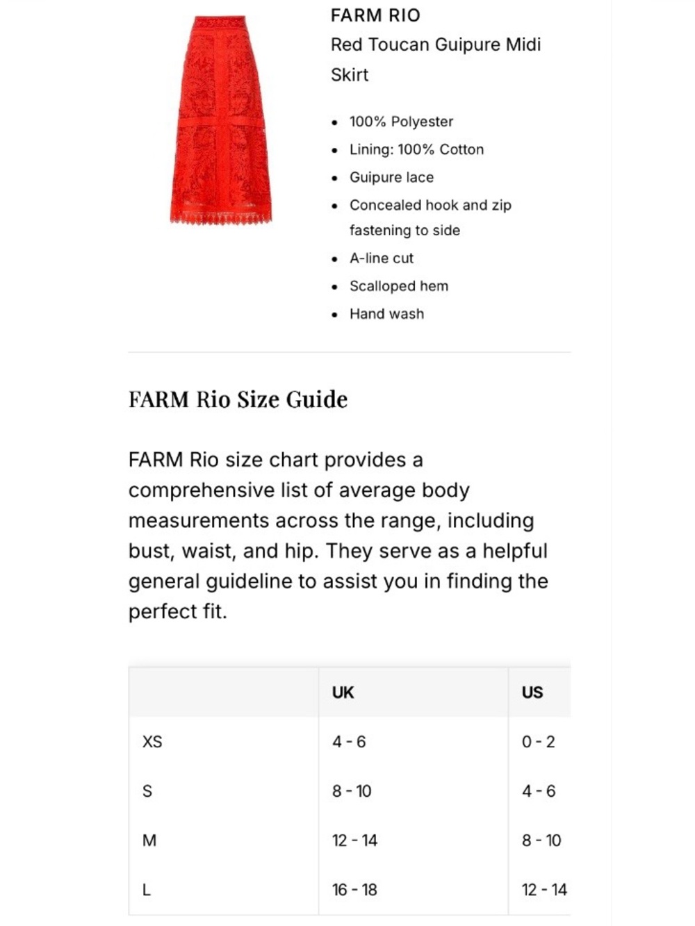 New FARM Rio Toucan Guipure Crochet Red Lace Midi Skirt Medium Cocktail Party - Picture 15 of 16